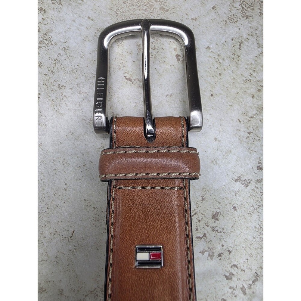 Tommy Hilfiger Tan Belt Sz 36 Genuine Leather Western Cowboy Silver Tone Buckle - Picture 2 of 6